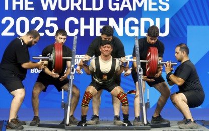 <p><strong>PH PRIDE</strong>. Powerlifter Regie Ramirez competes in the World Games men's equipped lightweight division at Hi-Tech Zone Sports Centre Gymnasium in Chengdu, China on Saturday (Aug. 16, 2025). He tallied 58.38 points after the squat and bench press with the deadlift to follow later in the day.<em> (Contributed photo)</em></p>