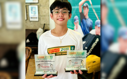 <p><strong>STANDOUT.</strong> Cristiano Matteo Calingasan bags the boys' 14-under division title of the Dr. Pablo Olivarez Sr. National Juniors Tennis Championships at Olivarez Sports Center in Sucat, Parañaque on Sunday (Aug. 10, 2025). He also received the Most Valuable Player award. <em>(Contributed photo)</em></p>