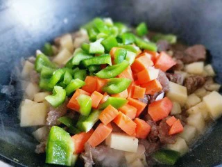 做年货+别有一番风味的牛肉浓汤,再下青椒胡萝卜炒软。