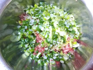 山西太原特色小吃，羊肉手抓饼,大葱切成末放入盆中。