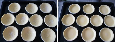 多图详解街头人气美食~~~葡式蛋挞,取出冷藏后的面团,用利刀切割成每个约20~25克的小剂子,切面朝上,用拇指把面团在挞模中慢慢推开,使面团均匀覆盖在挞模表面,并在边缘处略高于模具。