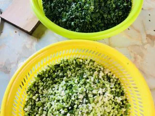 客家小吃:蒜苗粿(葫粄)➕菜头粄,蒜苗分成蒜茎和蒜叶,前天晚上择好洗净,放在通风处晾干水分。第二天下午,将蒜切成末