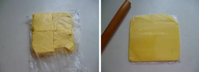 多图详解街头人气美食~~~葡式蛋挞,裹入用无盐奶油室温软化后,放入小号保鲜袋中,将奶油整形成正方形。