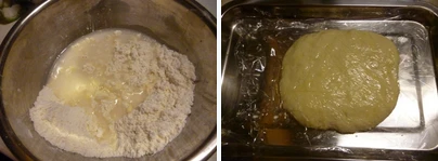 多图详解街头人气美食~~~葡式蛋挞,先制作千层酥皮,混合中筋面粉和35克切成小块的无盐奶油,用手把无盐奶油搓成小粒,加入水和盐,和成团放入冰箱冷藏1小时最好一个晚上。