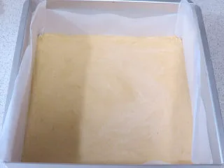 法式小甜点【椰蓉柠檬小方】,将面团放入铺了油纸的烤盘内。用手把面团压平