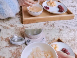 蔓越莓银耳羹简易养生壶版,银耳提前泡发半小时后撕成小朵