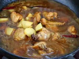 鸡翅腐竹烧土豆,添入清水与锅中食材持平,然后投入八角,盖上锅盖大火烧开后改中小火炖煮约二十分钟