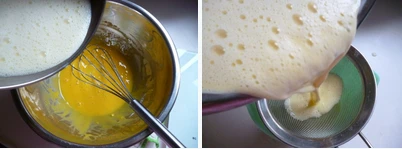 多图详解街头人气美食~~~葡式蛋挞,把热奶液慢慢倒入蛋黄糊中,混合均匀后过筛一次既成,放凉备用。