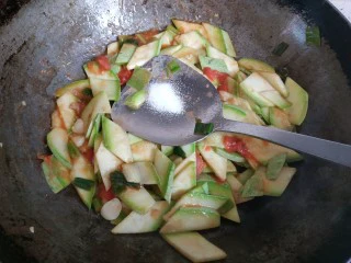 西红柿西葫芦炒肉片,放入适量盐翻炒，使西红柿成汁，完全浸入西葫芦中，使西葫芦变成红色