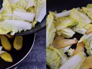 何必浪荡街头,在家也能嗦一碗粉,下入娃娃菜翻炒出水,炒至收汁