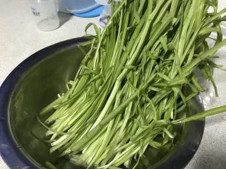 快手菜—青龙菜炒蛋,洗净的青龙菜沥干水份。