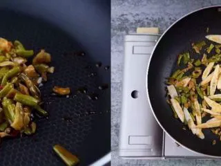 何必浪荡街头,在家也能嗦一碗粉,热锅起油,倒入酸豆角和酸笋爆炒