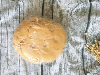 从小吃到大都吃不腻的黑芝麻桃酥,取出混合好的面团,包上保鲜膜,松弛半小时。