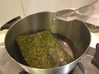 清凉一下绿豆汤,直接放进汤锅，加1500cc的水，中小火，冷水煮起