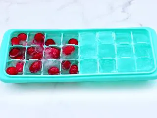 蔓越莓桑葚气泡水,把一半的蔓越莓果清洗后,放入冰格里,加入纯净水,放入冰箱冷冻。