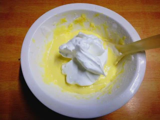 健康电饭锅蛋糕,再放三分之一蛋白到蛋黄糊里