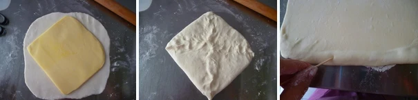 多图详解街头人气美食~~~葡式蛋挞,把做法1的面团取出擀开成比黄油大一圈的正方形,把黄油放在面团中四边向内折起并捏紧。