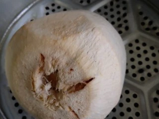 自制年夜饭饮料-------椰肉牛奶热饮,蒸锅内倒入适量水，喝完椰浆的椰壳放入蒸锅内，盖上盖子蒸20分钟