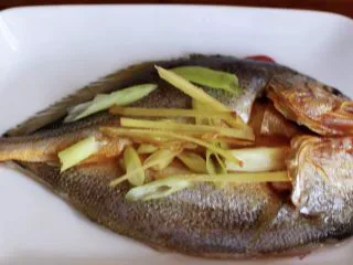 清蒸剁椒黄花鱼,把黄花鱼翻到正面后、上面铺上一层葱段和姜丝