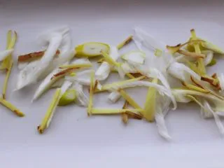 鲜美无比的粤式清蒸鲈鱼,取一个盘子把切好的葱和姜放到上面。