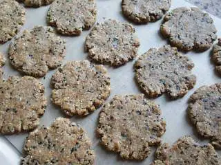 粗粮燕麦饼干,11.共分19份，用手将圆球压扁，类似桃酥状，摆放在铺有油布的烤盘上。