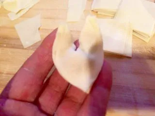 乡味~重庆小吃红油抄手,两个角在折叠捏紧。