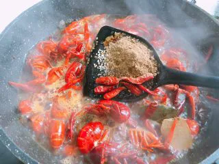 十三香小龙虾,放入盐、鸡精、十三香、料酒、生抽、味极鲜、干辣椒（喜欢吃辣多放些辣椒）翻炒均匀