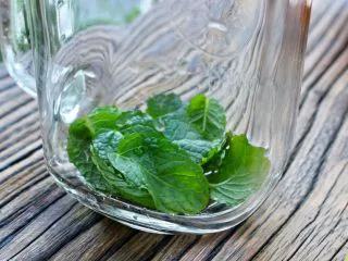 蓝莓Mojito鸡尾酒,薄荷叶清洗干净，放入杯中