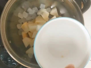 润肺滋养甜汤-----不一样的自制冰糖雪梨,锅内倒入适量的水小火煮开。