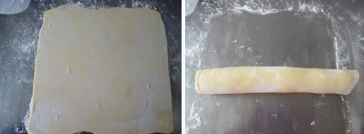 多图详解街头人气美食~~~葡式蛋挞,取出松弛好的面团,擀开成约3mm厚的正方形,卷起成圆柱形,再次冷藏松弛30分钟(也可以冷冻松弛10分钟左右)。