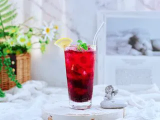 蔓越莓桑葚气泡水,最后放上薄荷叶和柠檬点缀即可。