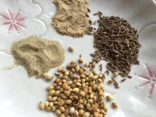 泰式青咖喱酱·东南亚风味,从上至左到右分别:肉豆蔻粉、白胡椒粉、芫西粒、孜然粒