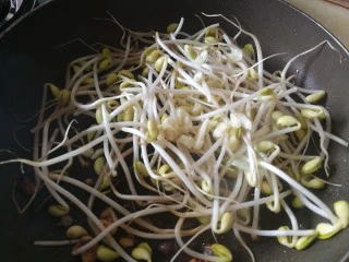 快手菜，肉丝豆芽爆海虾,平底锅洗净擦干，锅中大火，热油至七成，加入葱姜蒜爆香，加入豆芽翻炒