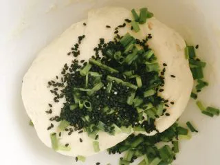 从小吃到大的黑芝麻葱油饼,加入适量的黑芝麻和小葱，这个可以根据自己喜好加入合适的量哦，没有约束的！
