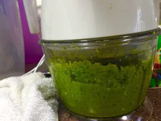 泰式青咖喱酱·东南亚风味,加入前面香菜的根茎留下的香菜叶,持续搅打全部混合成泥即可。