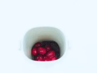 蔓越莓桑葚气泡水,榨汁杯里先放入蔓越莓果和桑葚,加入蜂蜜。