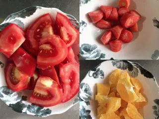 维生素能量特饮（清肠排毒）,西红柿、水果胡萝卜、橙子去皮切小块儿待用。