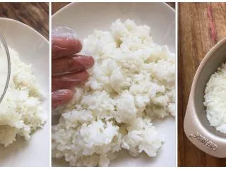 孩子最喜欢的造型寿司来啦,倒入少许白糖，搅拌均匀，去适量的搅拌好的大米放入模具中，这个模具是不沾的，如果觉得不方便脱模，可以抹一点点玉米油