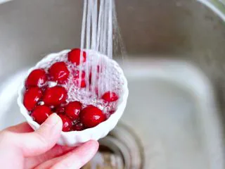 苹果蔓越莓奶昔,把蔓越莓用自来水冲洗干净。