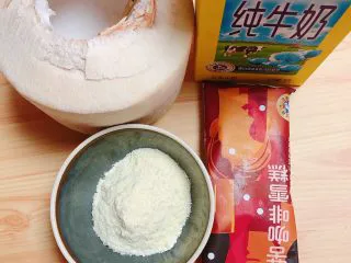 鲜椰浆苦咖啡绵绵冰（椰子油奶白顺滑诱人极了）,准备好食材。椰子壳、牛奶、奶粉、苦咖啡冰淇淋。