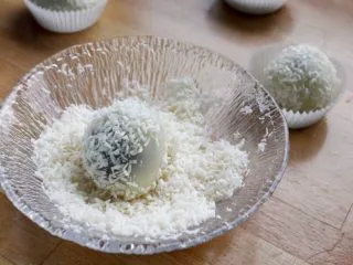 闽台风味茶点心豆沙糯米糍,12．裹上椰蓉丝，放在小纸盒中。像这样依次做好其它的。