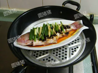 老干妈豆豉蒸鱼——懒人也能出好菜,蒸锅内烧开水，放上鱼盘，加锅盖大火盖8-10分钟。取出鱼盘丢弃表面的姜，葱段即可上菜。