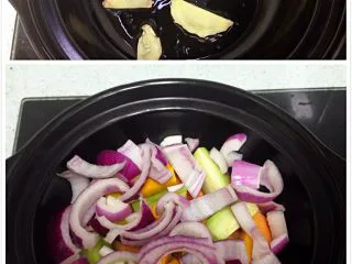 新奥尔良风味砂锅翅,砂锅内倒一点油，大火爆香姜片，收小火，先把红萝卜码入锅底，然后是南瓜，再到小黄瓜，最后撒入洋葱。