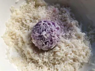 紫薯糯米丸子,把紫薯面团分成大小一样的小面团，戴上手套，用手心把小面团揉成小丸子，再放到糯米里转一圈，均匀的裹上糯米。