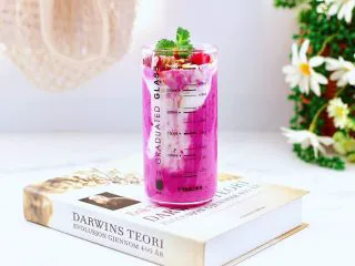 火龙果蔓越莓麦片酸奶昔,最后点缀上薄荷叶和蔓越莓果即可。