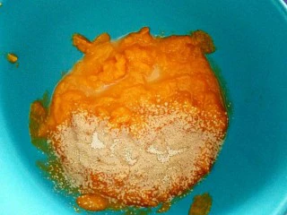 花样馒头~小蜗牛馒头,南瓜泥放到大碗里，同时加入酵母粉，充分的搅拌至酵母粉溶解