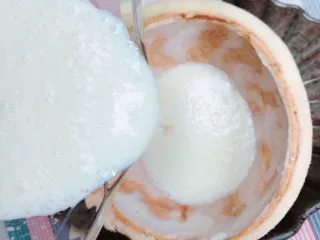 鲜椰浆苦咖啡绵绵冰（椰子油奶白顺滑诱人极了）,奶白如油一般的椰浆牛奶冰沙倒入到椰子壳中。