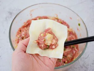 鲜虾猪肉馄饨,取一个馄饨皮，放入馅料