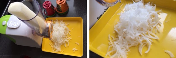 中式传统小吃——腊味萝卜糕,白萝卜洗净去皮切细丝,越细越好,便于下一步腌制