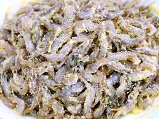 独家韭菜炒河虾,下手，充分拌匀，让小河虾均匀地周身沾上一层薄薄的玉米面。